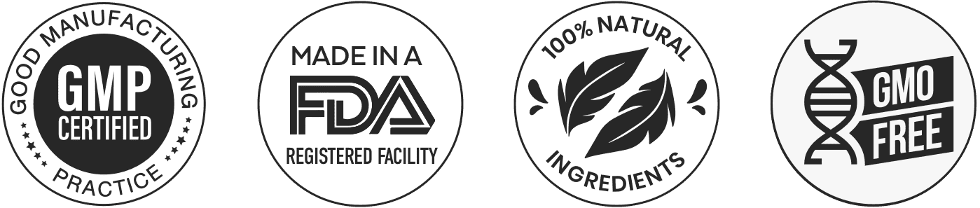 Certification seals: GMP Certified, Made in FDA Registered Facility, 100% Natural Ingredients, GMO Free